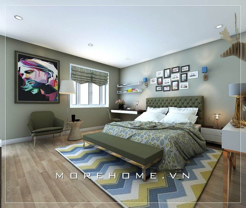 Mẫu giường ngủ bọc da khung gỗ công nghiệp với tone màu xanh độc đáo mang lại cho không gian nghỉ ngơi thêm ấn tượng và đẹp mắt
